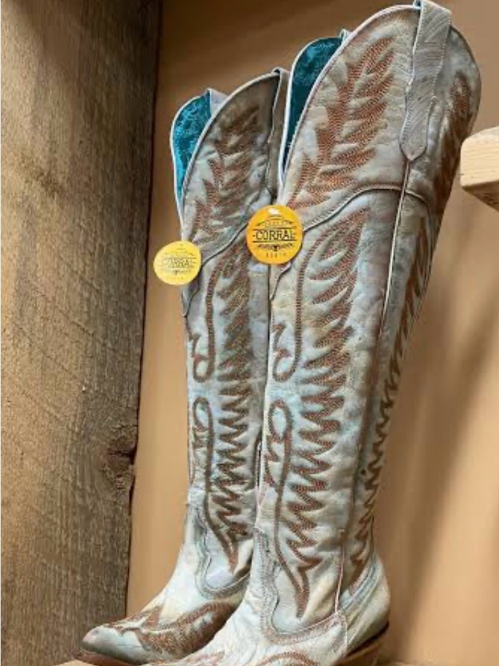 Corral Tall Embroidered Boots in Light Blue and Tan